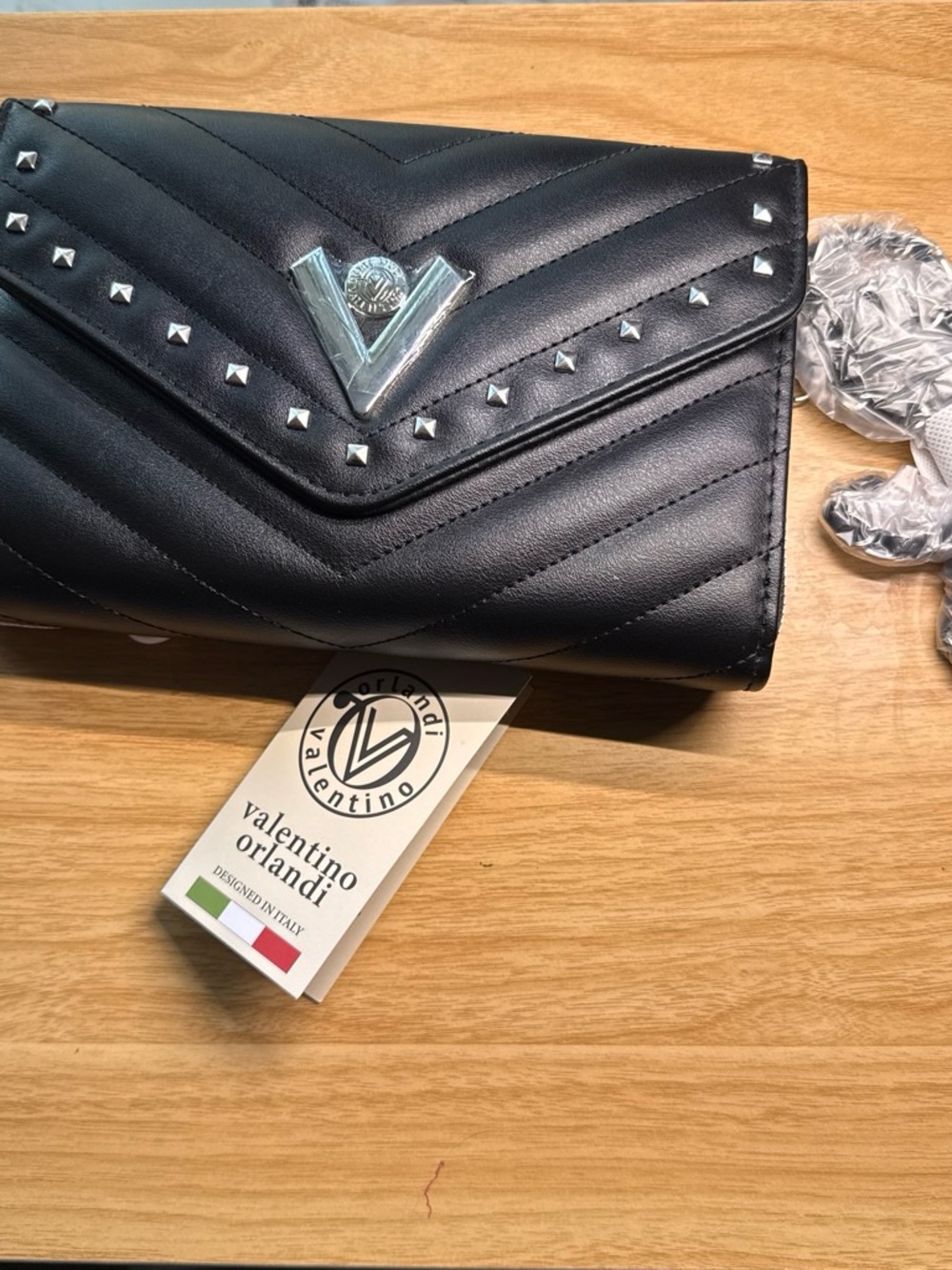 Valentino Orlandi Black Quilted V-Logo Studded Envelope Clutch